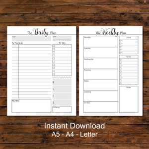 May include: Printable daily and weekly planner pages with a simple black and white design. The daily planner has sections for goals, schedule, to do, and notes. The weekly planner has sections for goals, to do, and notes. The text "Instant Download A5 - A4 - Letter" is at the bottom of the image.