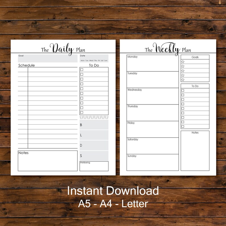 May include: Printable daily and weekly planner pages with a simple black and white design. The daily planner has sections for goals, schedule, to do, and notes. The weekly planner has sections for goals, to do, and notes. The text "Instant Download A5 - A4 - Letter" is at the bottom of the image.