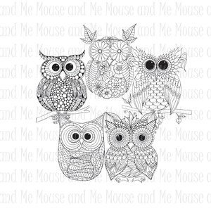 5 Hand drawn Owls, Adult coloring pages, Zentangle Coloring Pages, Mindfulness Gift, Stress Relief, Anxiety Relief, coloring printable owls image 1