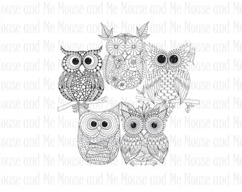 5 Hand drawn Owls, Adult coloring pages, Zentangle Coloring Pages, Mindfulness Gift, Stress Relief, Anxiety Relief, coloring printable owls