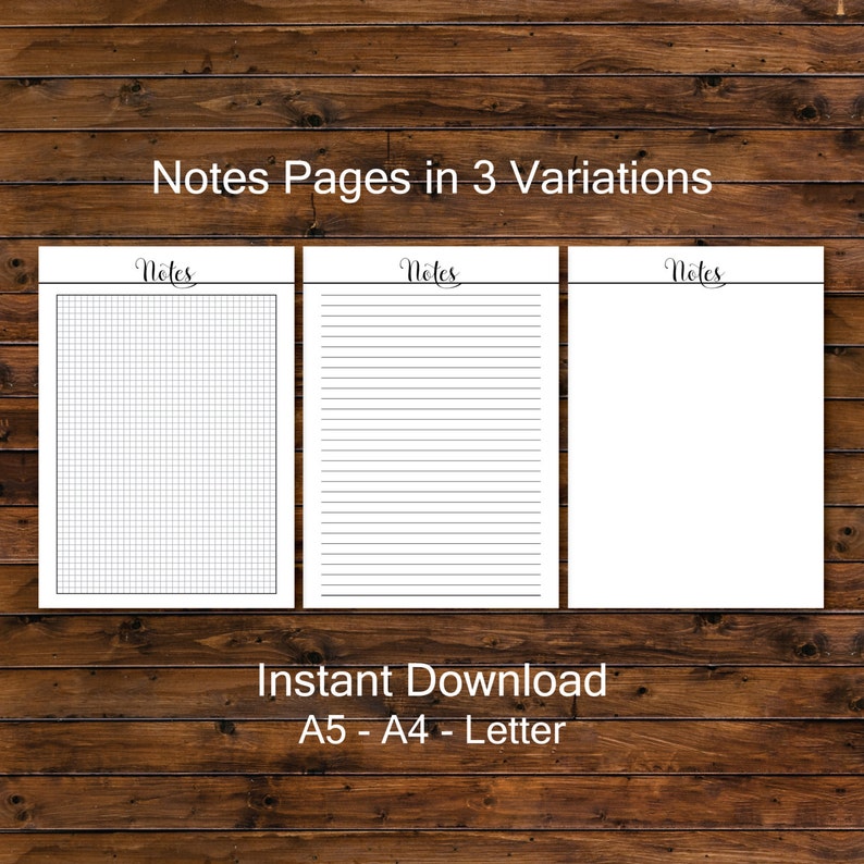 May include: Three printable note pages in different styles: grid, lined, and blank. The pages are labeled "Notes" and are ready for instant download in A5, A4, and Letter sizes.