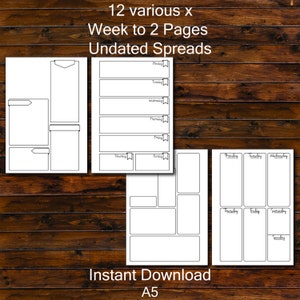 May include: A set of 12 printable weekly planner pages in black and white. The pages are designed for use with a standard A5 size planner. The pages are undated and feature different layouts for planning a week. The text on the page reads "12 various x Week to 2 Pages Undated Spreads Instant Download A5".