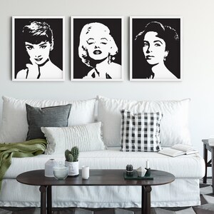 Marilyn Monroe decor, Audrey Hepburn print, Elizabeth Taylor Printable Wall Art, 1950s Movie Theater Decor, Pop Art Print, Fashion Wall Art image 2