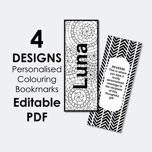 Può includere: Quattro modelli di segnalibri stampabili con motivi in ​​bianco e nero. Un modello include il nome "Luna" e un altro modello ha uno spazio per aggiungere un messaggio personalizzato. Il testo "REVERSE" è incluso sul segnalibro.