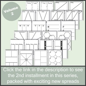 May include: A collection of printable planner pages with different layouts and designs. The pages are black and white and feature various grid patterns, shapes, and sections for writing and organizing. The text "Volume 2" is visible in the top left corner.