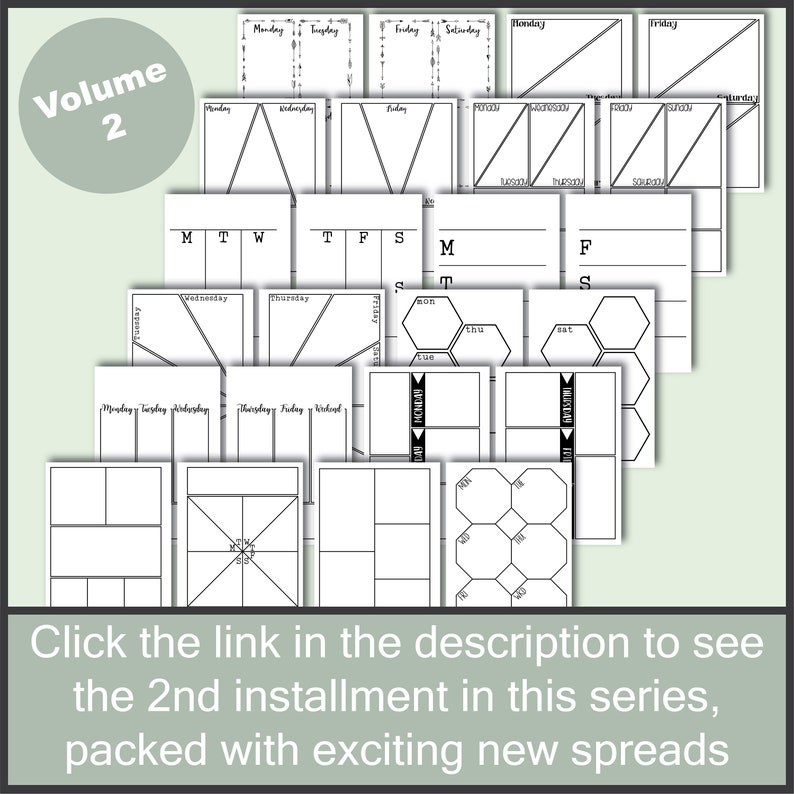 May include: A collection of printable planner pages with different layouts and designs. The pages are black and white and feature various grid patterns, shapes, and sections for writing and organizing. The text "Volume 2" is visible in the top left corner.