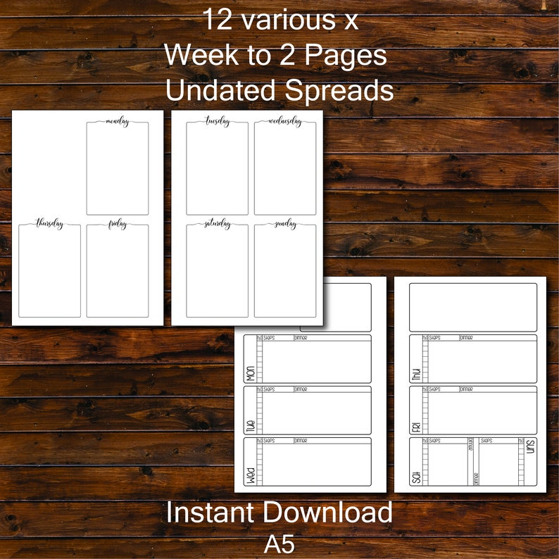 May include: Twelve printable weekly planner pages in black and white. The pages are designed for a week to two page spread. The pages are undated and include the days of the week: Monday, Tuesday, Wednesday, Thursday, Friday, Saturday, and Sunday.