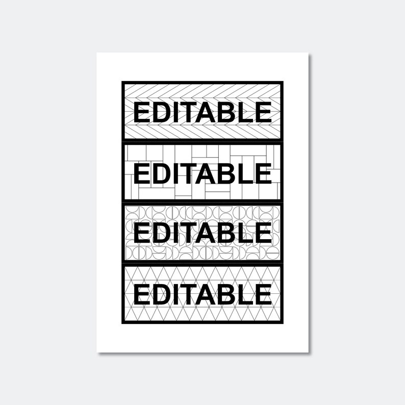 Pu&ograve; includere: Grafica in bianco e nero con la parola "EDITABLE" ripetuta quattro volte. Ogni parola &egrave; circondata da un diverso motivo geometrico.