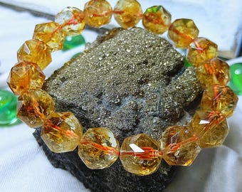 Crystal Healing Citrine Gemstone Round Bead Faceted Bracelet, Natural Yellow Stone Stretch Bracelet for Women, Luxury Anniversary Gifts