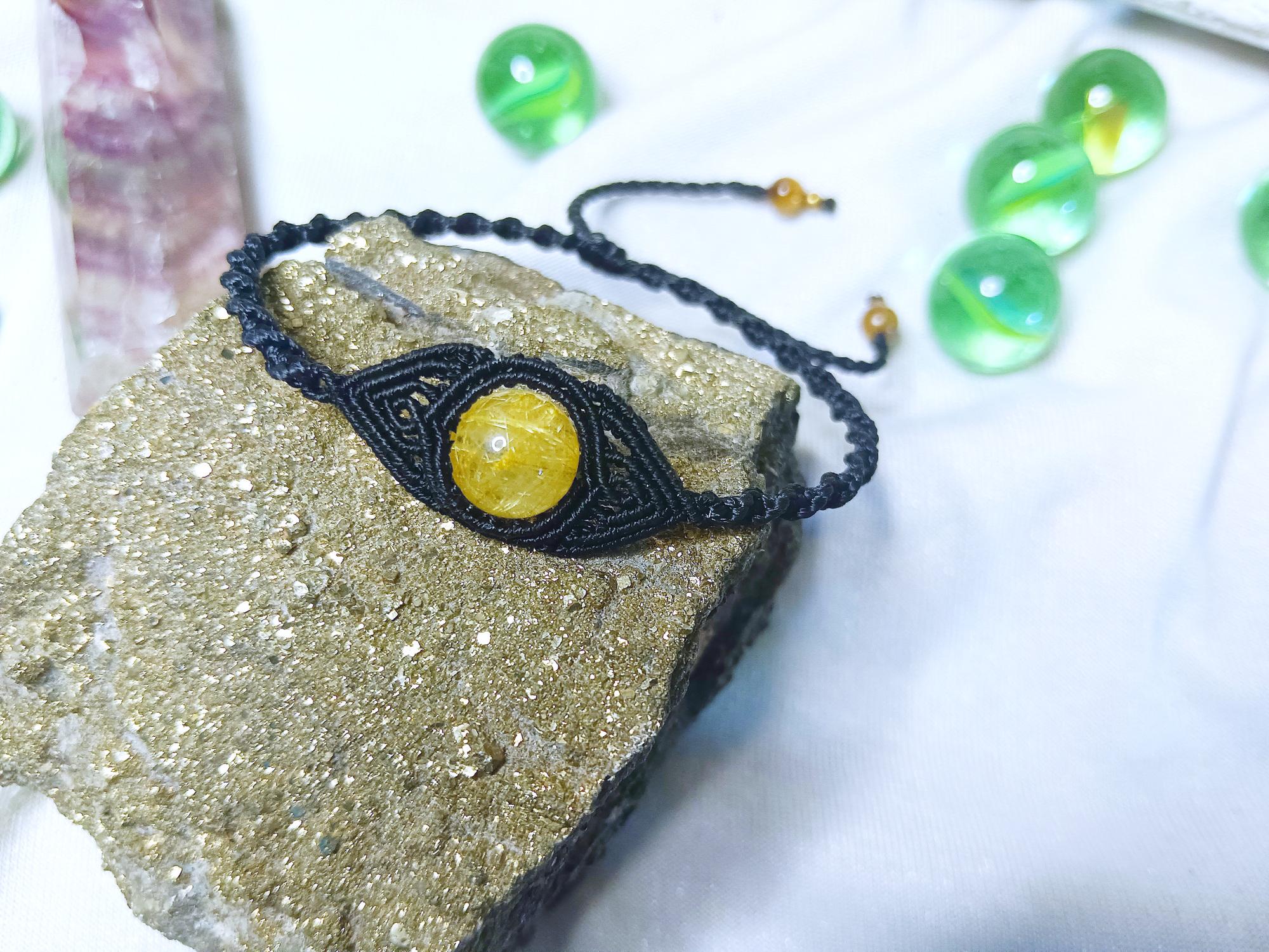 Rutilated Quartz Macrame Gemstone Bracelet, Waxed Thread Handmade, Boho Bracelet, Natural Gemstone, Gift for Her