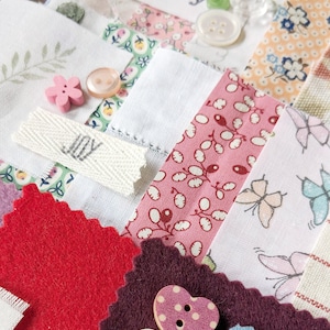 Slow Stitching Fabric Bundle, Hand Stamped Words, Felt, Buttons, Vintage Pink Style