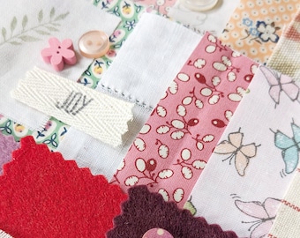 Slow Stitching Fabric Bundle, Hand Stamped Words, Felt, Buttons, Vintage Pink Style