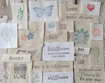 Fabric Word Snippets for Mindful Stitching Hand Stamped Wildflower