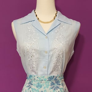Vintage 1950's Early 1960's Sleeveless Powder Blue Blouse Cotton Mix Summer Blouse Medium Size Made in Japan