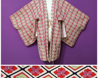 Vintage 1960s Kimono Jacket Haori Floral Geometric Patterns Pink Green Psychedelic Pop Art Duster Festive Free Size Made in Japan