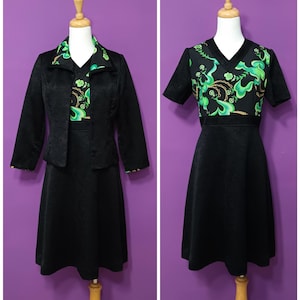 Vintage 1970s Black and Green Psychedelic Two Piece Jacket and Dress Set Faux Velvet V-Neck Mod Made in Japan