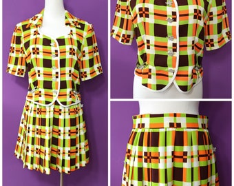 1990s Pop Lime Green and Orange Check Two Piece Jacket and Skorts Suit with Costume Jewelry Small to Medium Size Made in Taiwan