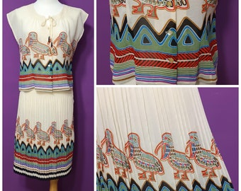 Vintage 1970s 1980s Egyptian Cave Painting Style Bird Print Two Piece See-through French Sleeve Blouse and Pleated Skirt Set Medium Size