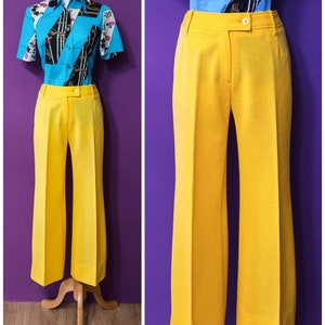 Vintage 1960s 1970s Yellow Trousers Flares Middle Waisted Center Pressed Pants with Big Hem Small to Medium Size Made in Japan