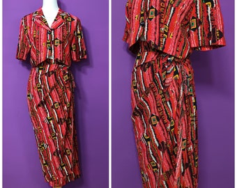 Vintage 1980s Does 1950s Tiki Style Two-Piece Short Jacket and Skirt Suit Set Wrap Skirt Style Made in Taiwan