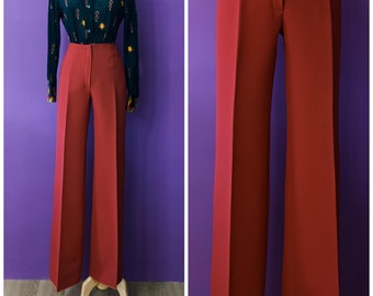 Vintage NOS 1960s 1970s Currant Red Flares Middle Waisted Center Pressed wide Leg Trousers Deadstock Pants Small Size Made in Japan