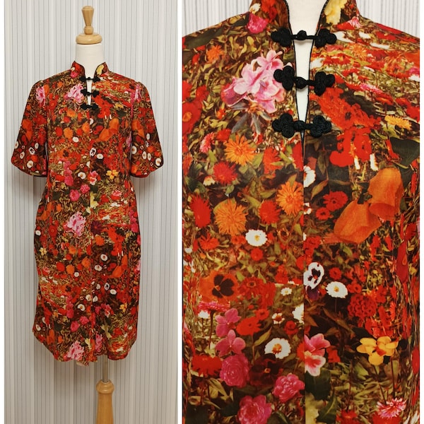 Hand-Made Floral Print Qipao Cheongsam Dress Psychedelic Colorful Flower Print Medium Size Made in Taiwan