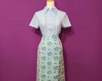 Vintage 1950s Powder Blue Blouse: Cotton Blend, Floral Embroidery, Medium
