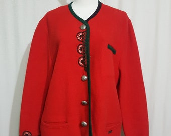 Veste rouge traditionnelle autrichienne en laine Wesenjak des années 1980, grande taille