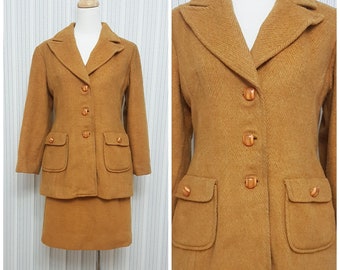 Vintage 1960s 1970s Dijon Yellow Wool Suit Jacket and Skirt Two Piece Long Jacket High-Waisted Skirt Tailor-Made in Taiwan Small Size