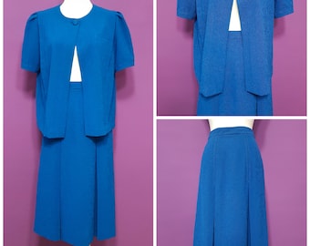 1980s Vivid Blue Linen Suit Jacket and Skirt 2 Piece Tailor-Made in Taiwan Small Size