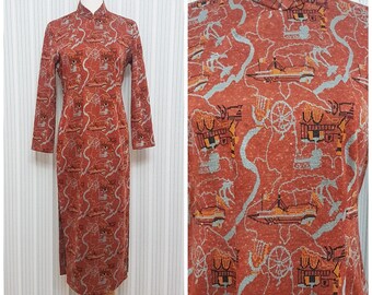 Vintage 1970s Sandy Orange Novelty Print Wool Qipao Cheongsam Maxi Dress Ship Sea Route Map Patterns Medium Size Made in Taiwan