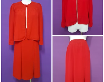 1980s Vivid Red Suit Jacket and Skirt 2 Piece Tailor-Made in Taiwan Small Size