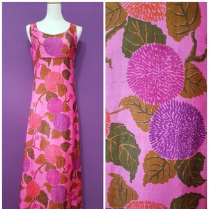 1960s Bright Pink Floral Maxi Dress Empire Waist Psychedelic Lounge Cocktail Party Dress Medium Size