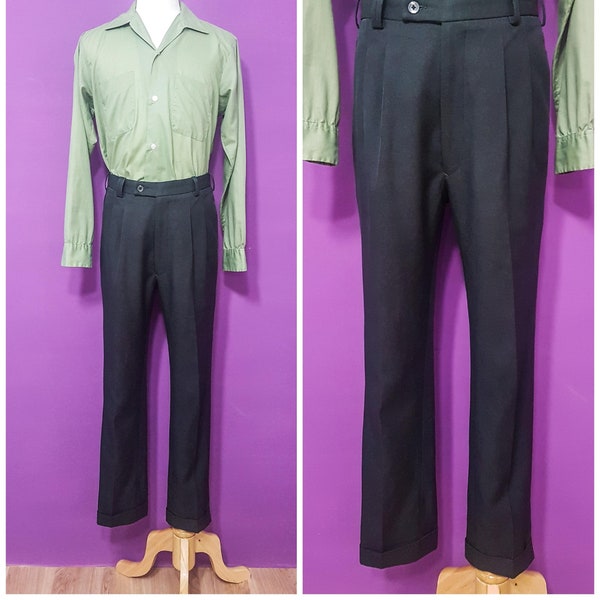 1960s Style Men's Dark Grey Trousers Waist 30" Tapered Pants Tailor-Made High-Waisted Vintage Mod Style Made in Taiwan