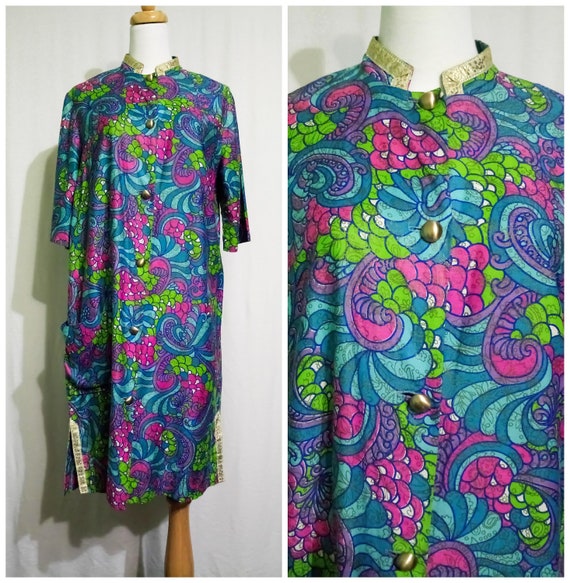 1960s Psychedelic Mandarin Collar Cotton Summer C… - image 1