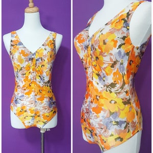 1970s Orange Yellow Floral One-Piece Swimwear High Leg Style Hippie Psychedelic Made in Japan Small Size