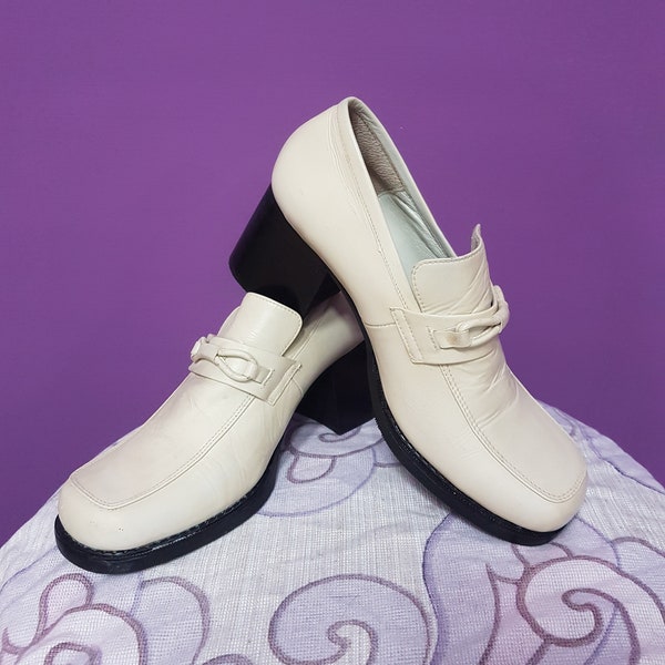 1970s Cream Leather Platform Shoes US 6.5 : 23 CM Platform Glam Rock Disco Made in Taiwan