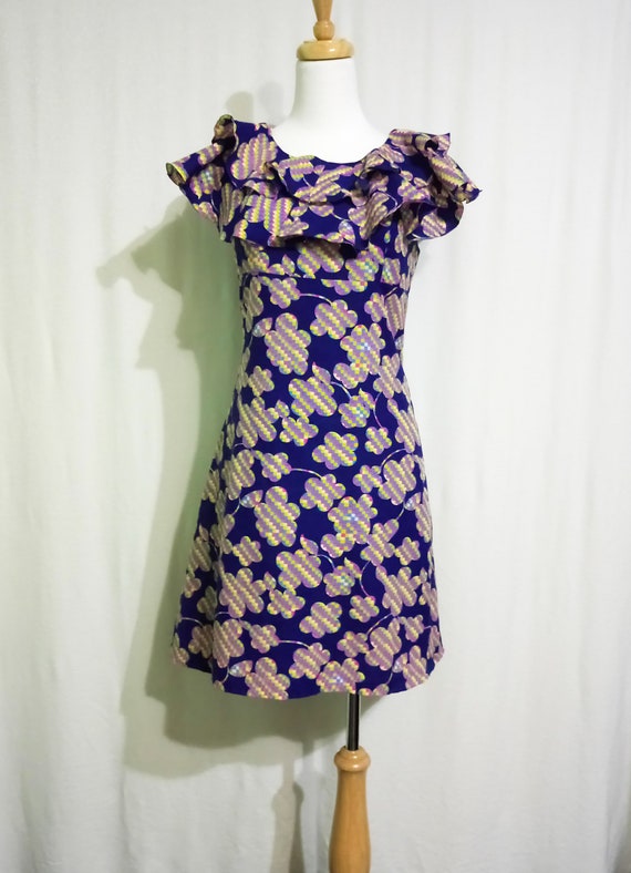 1960s Pop Flower Mini Navy Dress Ruffle Collar Em… - image 2