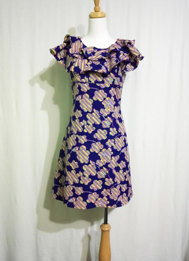 1960s Pop Flower Mini Navy Dress Ruffle Collar Empire Waist Mod Op Art Psychedelic Floral Dice Patterns Small Size