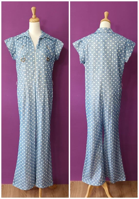 Vintage 1970s Polka Dot Funky Jumpsuit Faux Denim… - image 4