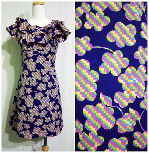 1960s Pop Flower Mini Navy Dress Ruffle Collar Em… - image 1