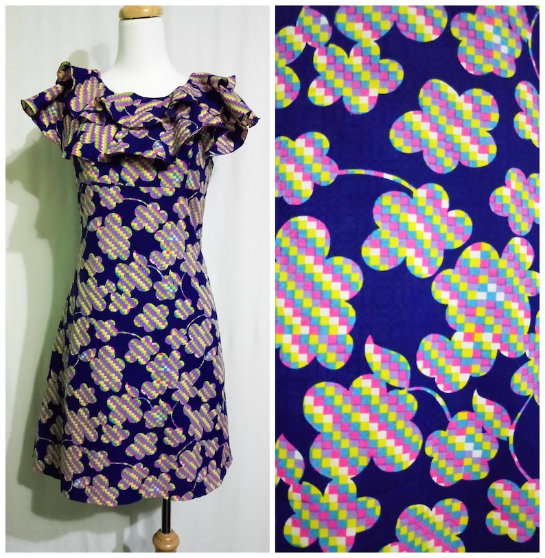 1960s Pop Flower Mini Navy Dress Ruffle Collar Empire Waist Mod Op Art Psychedelic Floral Dice Patterns Small Size