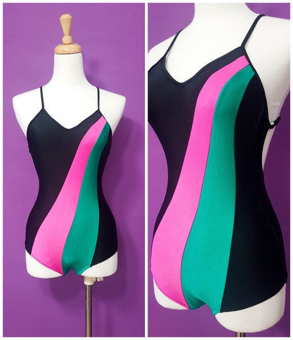 1970s Black Pink Green Line OnePiece Swimwear Glam D… Gem