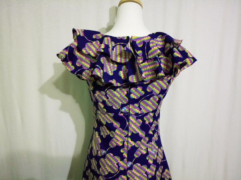 1960s Pop Flower Mini Navy Dress Ruffle Collar Empire Waist Mod Op Art Psychedelic Floral Dice Patterns Small Size