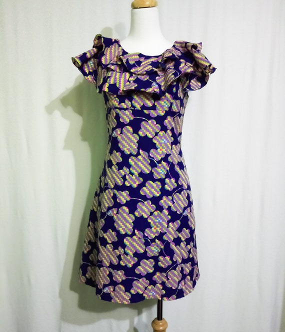 1960s Pop Flower Mini Navy Dress Ruffle Collar Em… - image 3