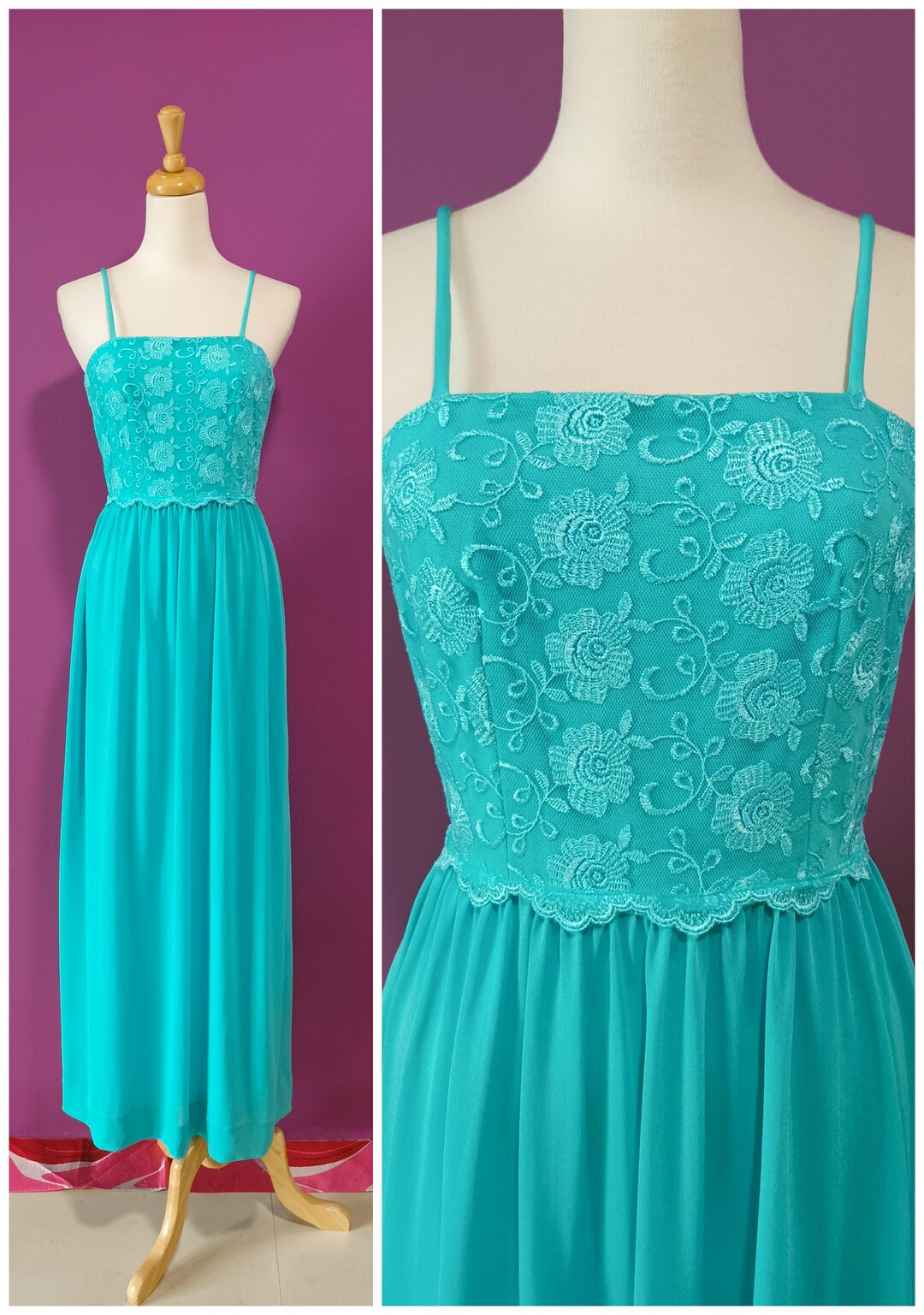 Beautiful 70s Turquoise Floral Cotton Lace Trimmed Maxi Dress
