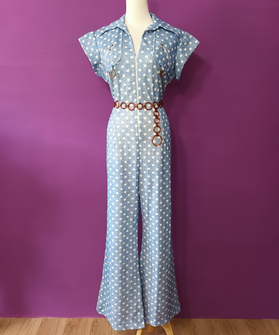 Vintage 1970s Polka Dot Funky Jumpsuit Faux Denim… - image 2