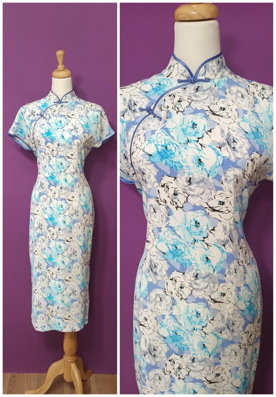 Vintage 1980s Blue and White Floral Cheongsam Dres