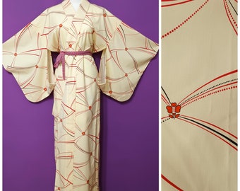 Vintage 1960s Cream White Floral Kimono Red Flowers Pop Art Free Size Festive Duster Lounge Gown Made in Japan