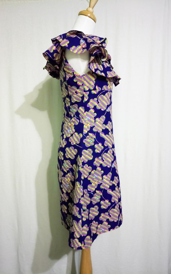 1960s Pop Flower Mini Navy Dress Ruffle Collar Em… - image 5